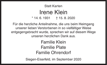 Traueranzeige von Irene Klein von Siegener Zeitung