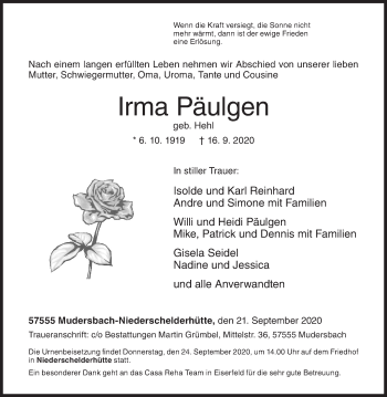 Traueranzeige von Irma Päulgen von Siegener Zeitung