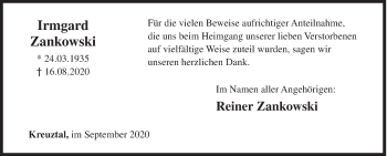 Traueranzeige von Irmgard Zankowski von Siegener Zeitung