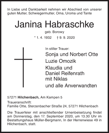 Traueranzeige von Janina Habraschke von Siegener Zeitung