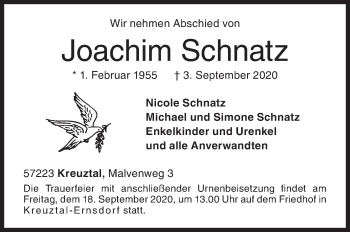 Traueranzeige von Joachim Schnatz von Siegener Zeitung