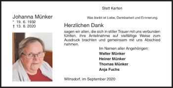 Traueranzeige von Johanna Münker von Siegener Zeitung
