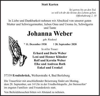 Traueranzeige von Johanna Weber von Siegener Zeitung