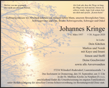 Traueranzeige von Johannes Kringe von Siegener Zeitung