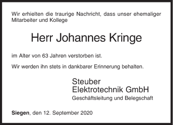 Traueranzeige von Johannes Kringe von Siegener Zeitung