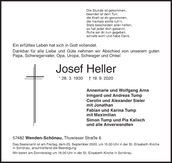 Traueranzeige von Josef Heller von Siegener Zeitung