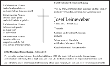 Traueranzeige von Josef Leineweber von Siegener Zeitung