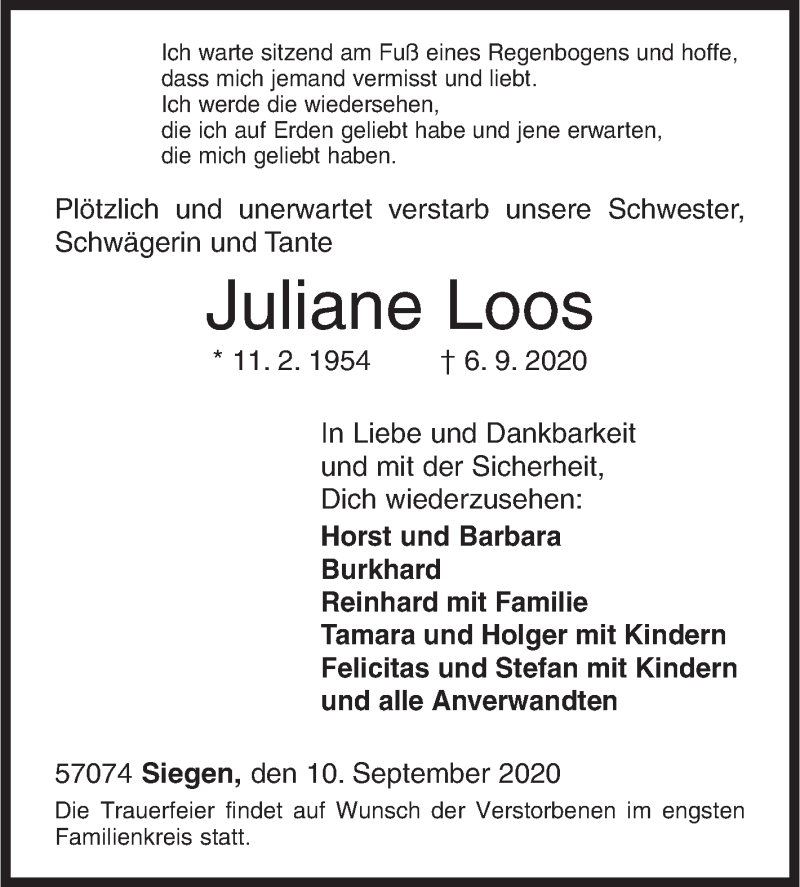  Traueranzeige für Juliane Loos vom 10.09.2020 aus Siegener Zeitung