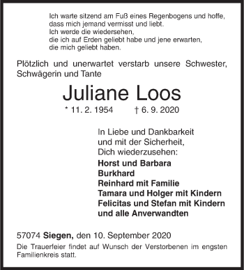 Traueranzeige von Juliane Loos von Siegener Zeitung