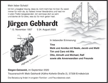 Traueranzeige von Jürgen Gebhardt von Siegener Zeitung