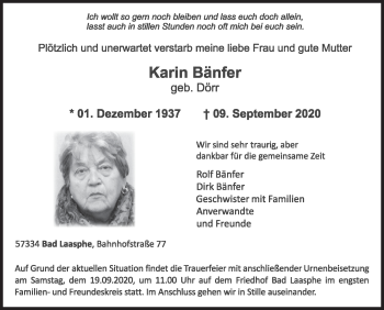 Traueranzeige von Karin Bänfer von Siegener Zeitung