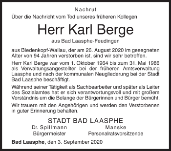 Traueranzeige von Karl Berge von Siegener Zeitung