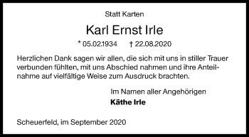 Traueranzeige von Karl Ernst Irle von Siegener Zeitung