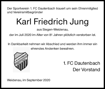Traueranzeige von Karl Friedrich Jung von Siegener Zeitung