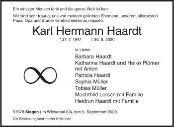 Traueranzeige von Karl Hermann Haardt von Siegener Zeitung