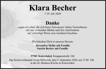 Traueranzeige von Klara Becher von Siegener Zeitung
