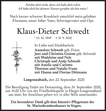 Traueranzeige von Klaus-Dieter Schwedt von Siegener Zeitung