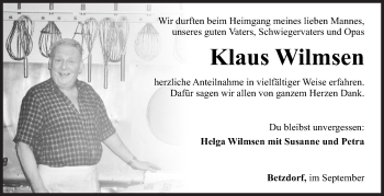Traueranzeige von Klaus Wilmsen von Siegener Zeitung