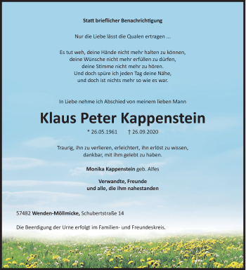 Traueranzeige von Klaus Peter Kappenstein von Siegener Zeitung