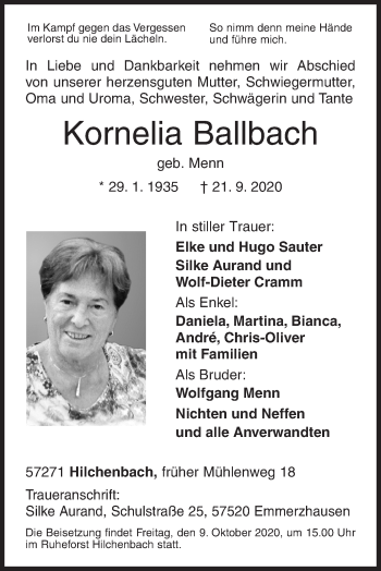 Traueranzeige von Kornelia Ballbach von Siegener Zeitung