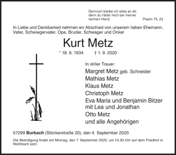 Traueranzeige von Kurt Metz von Siegener Zeitung