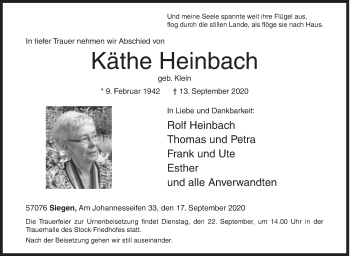 Traueranzeige von Käthe Heinbach von Siegener Zeitung