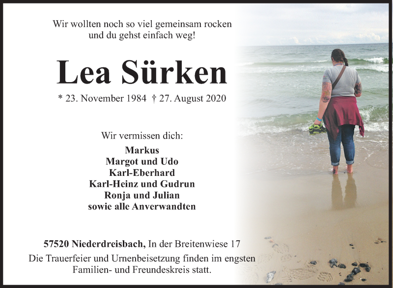  Traueranzeige für Lea Sürken vom 01.09.2020 aus Siegener Zeitung