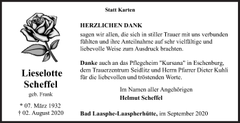 Traueranzeige von Lieselotte Scheffel von Siegener Zeitung