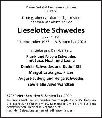 Traueranzeige von Lieselotte Schwedes von Siegener Zeitung