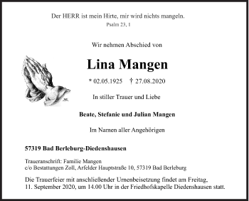 Traueranzeige von Lina Mangen von Siegener Zeitung