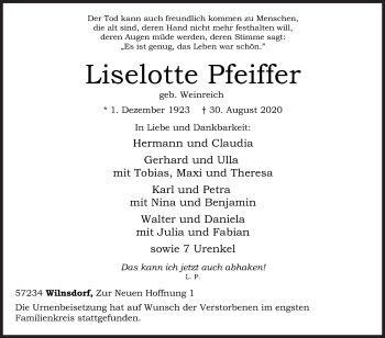 Traueranzeige von Liselotte Pfeiffer von Siegener Zeitung