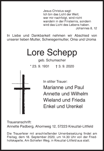 Traueranzeige von Lore Schepp von Siegener Zeitung