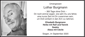 Traueranzeige von Lothar Burgmann von Siegener Zeitung