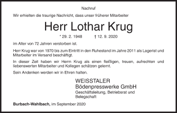 Traueranzeige von Lothar Krug von Siegener Zeitung