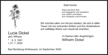 Traueranzeige von Lucie Dickel von Siegener Zeitung