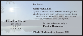 Traueranzeige von Luise Hartmann von Siegener Zeitung