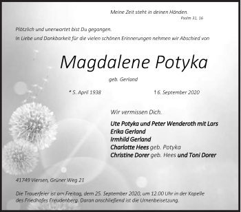 Traueranzeige von Magdalene Potyka von Siegener Zeitung