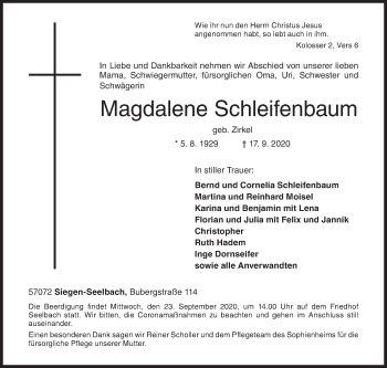 Traueranzeige von Magdalene Schleifenbaum von Siegener Zeitung