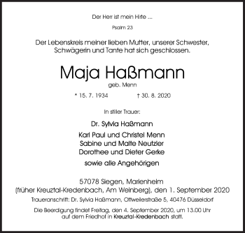 Traueranzeige von Maja Haßmann von Siegener Zeitung