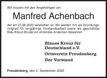 Traueranzeige von Manfred Achenbach von Siegener Zeitung