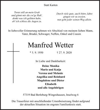 Traueranzeige von Manfred Wetter von Siegener Zeitung