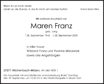 Traueranzeige von Maren Franz von Siegener Zeitung