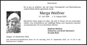 Traueranzeige von Marga Weißner von Siegener Zeitung