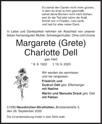 Traueranzeige von Margarete Charlotte Dell von Siegener Zeitung