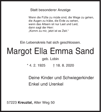 Traueranzeige von Margot Ella Emma Sand von Siegener Zeitung
