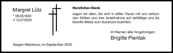 Traueranzeige von Margret Lütz von Siegener Zeitung