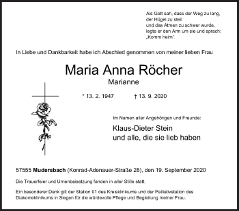 Traueranzeige von Maria Anna Röcher von Siegener Zeitung