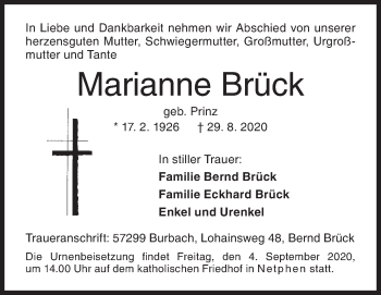 Traueranzeige von Marianne Brück von Siegener Zeitung