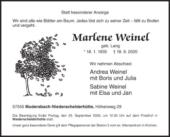 Traueranzeige von Marlene Weinel von Siegener Zeitung