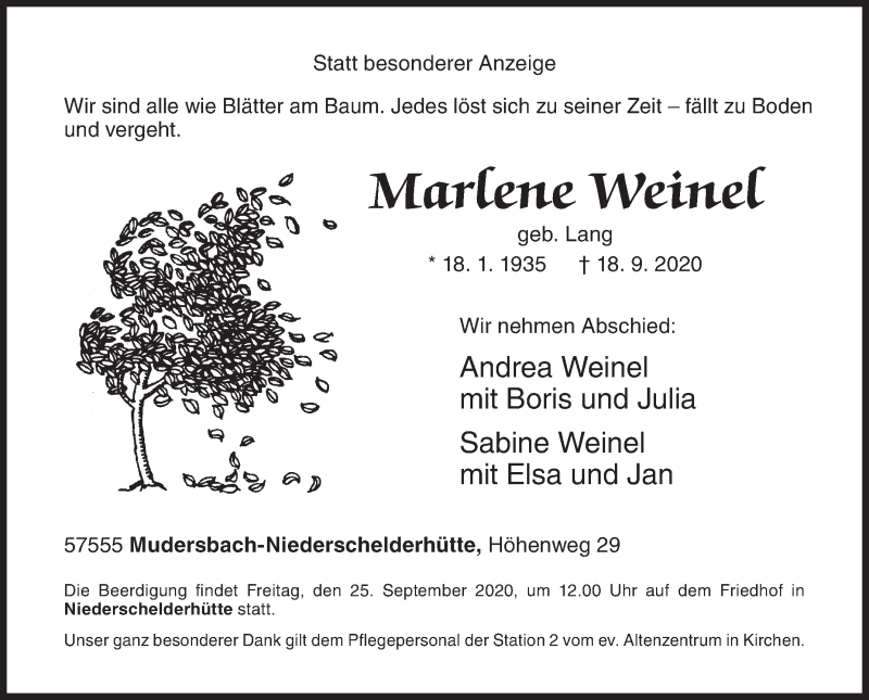  Traueranzeige für Marlene Weinel vom 23.09.2020 aus Siegener Zeitung